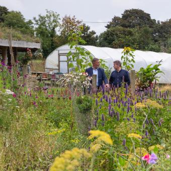 Two men in a therapy garden with a poly tunnel in the background, surrounded by flowers and plants
